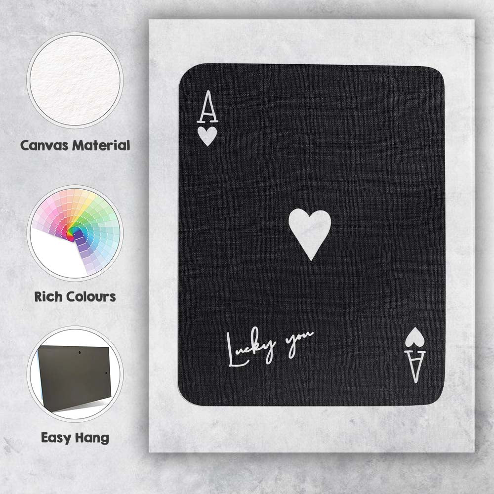Minimalist Black Lucky You Ace of Hearts Dark Background Playing Card Canvas Wall Art Print Decor Picture Ready to Hang