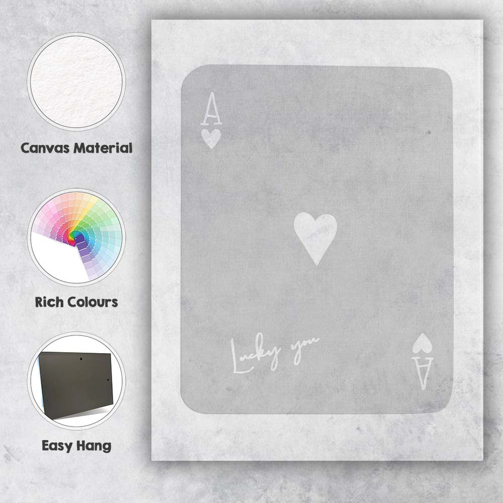 Minimalist Grey Lucky You Ace of Hearts Playing Card Canvas Wall Art Print Decor Picture Ready to Hang