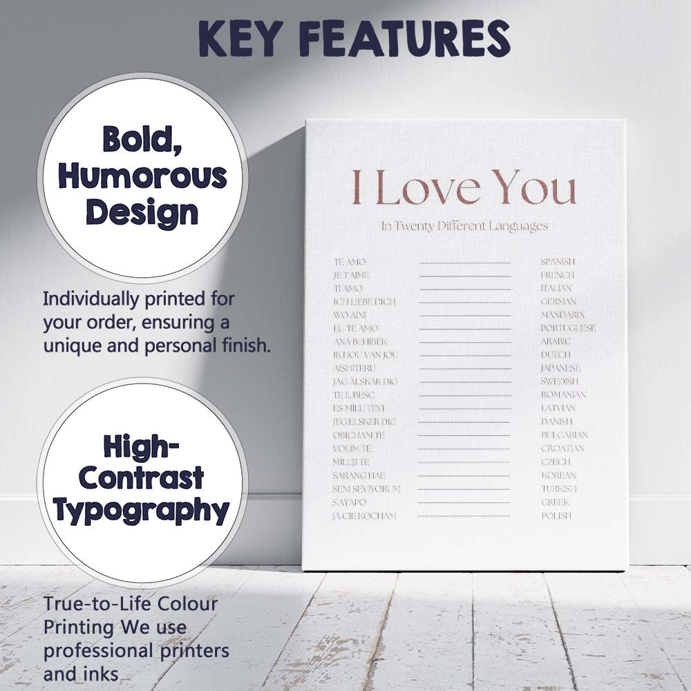 Neutral Typography I Love You In Twenty Different Languages Quote Canvas Wall Art Print Decor Picture Ready to Hang