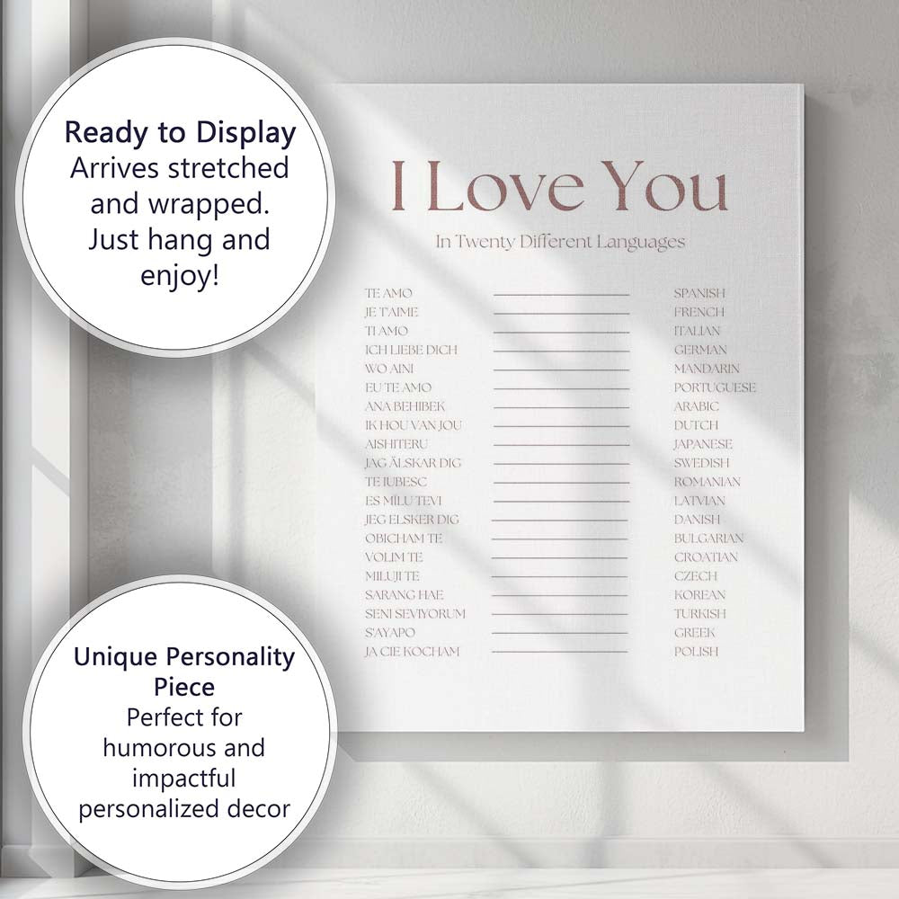 Neutral Typography I Love You In Twenty Different Languages Quote Canvas Wall Art Print Decor Picture Ready to Hang