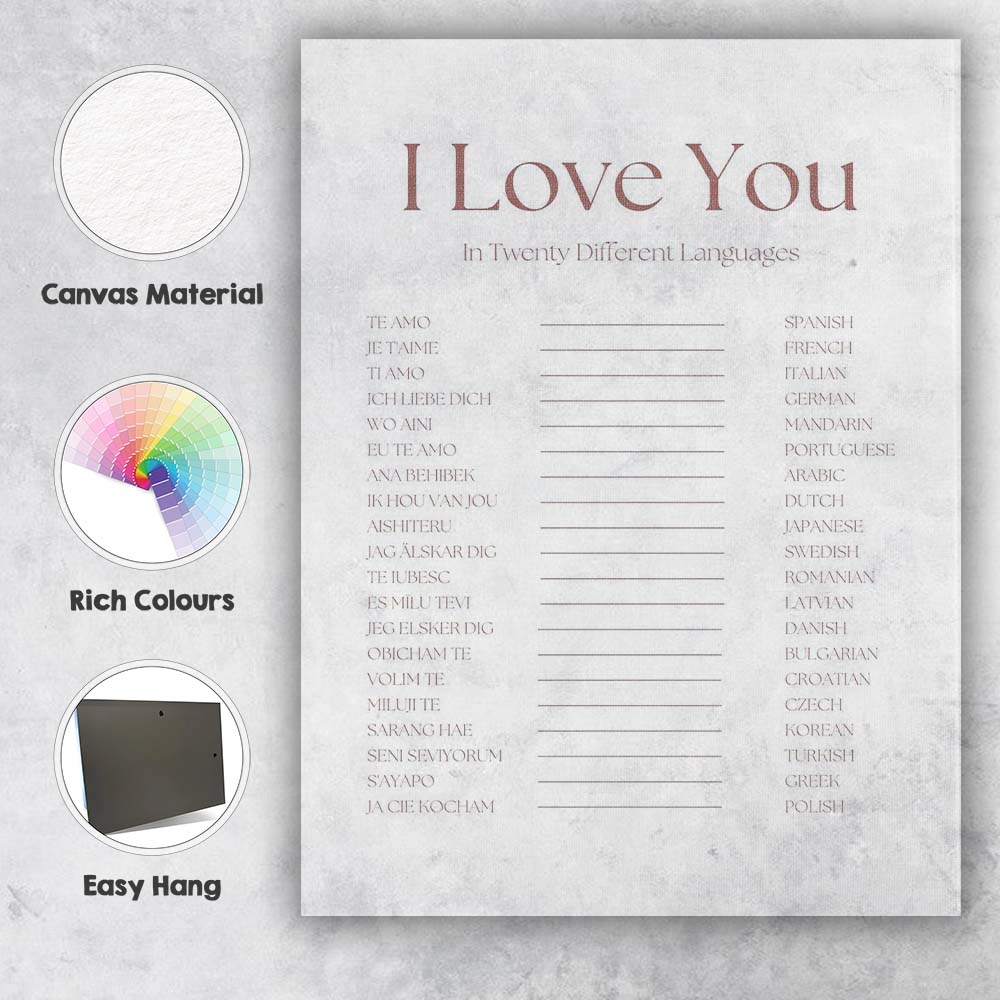 Neutral Typography I Love You In Twenty Different Languages Quote Canvas Wall Art Print Decor Picture Ready to Hang