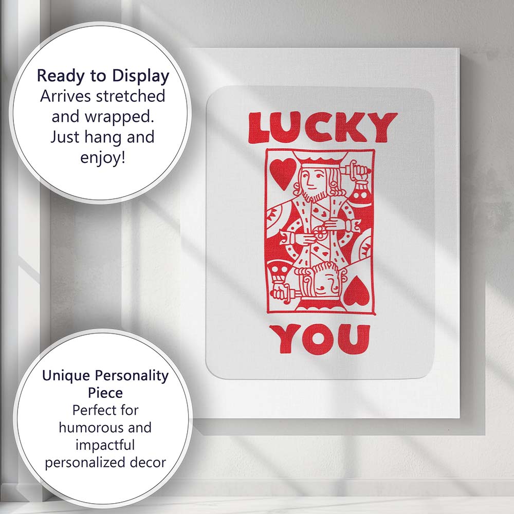 Retro Red Lucky You King of Hearts Typography Playing Card Canvas Wall Art Print Decor Picture Ready to Hang