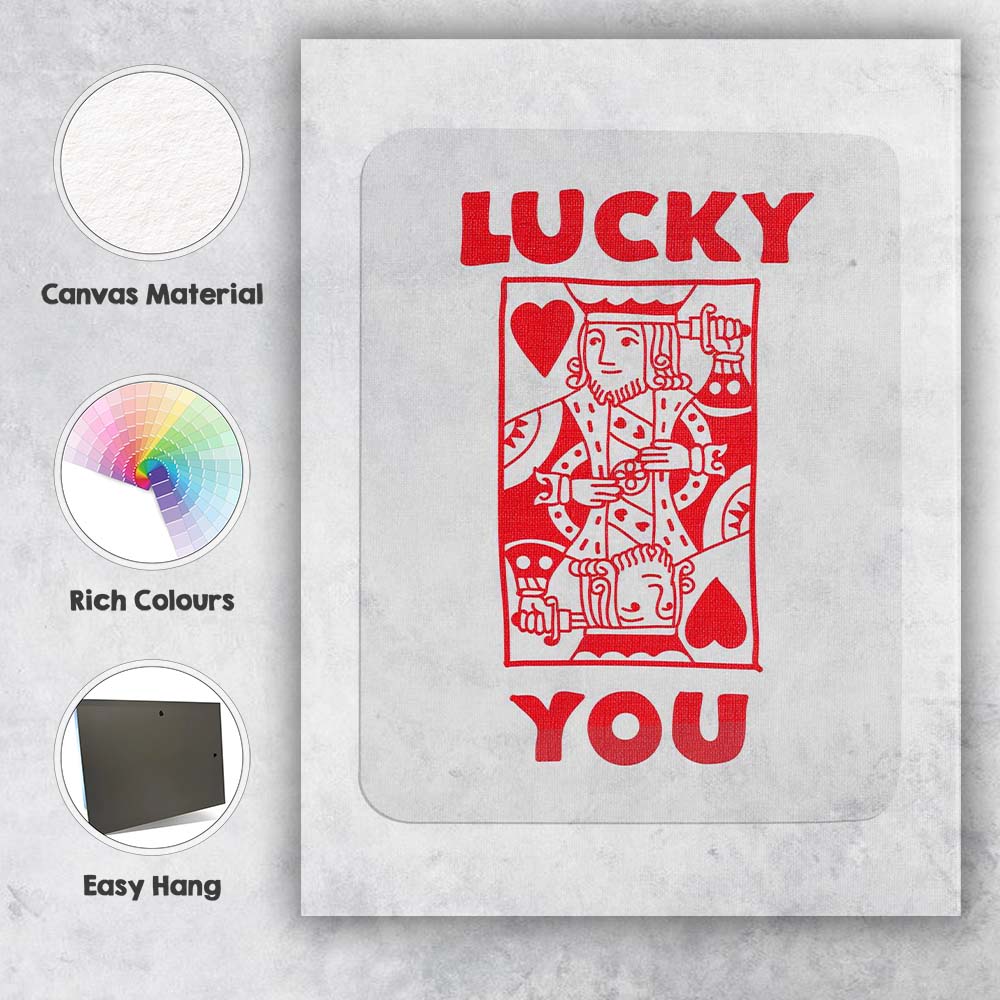 Retro Red Lucky You King of Hearts Typography Playing Card Canvas Wall Art Print Decor Picture Ready to Hang