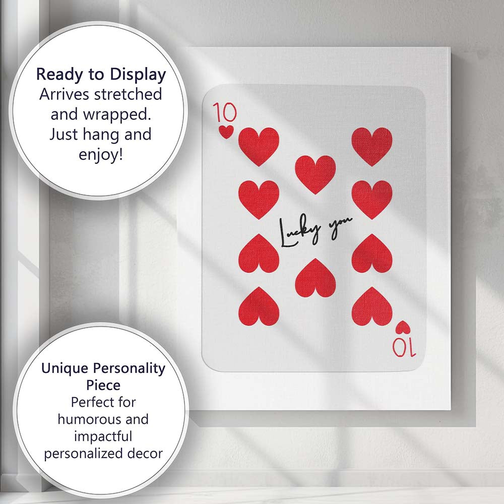 Minimalist Red Ten of Hearts Lucky You Playing Card Canvas Wall Art Print Decor Picture Ready to Hang