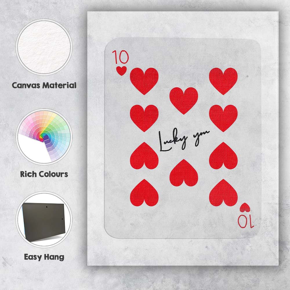 Minimalist Red Ten of Hearts Lucky You Playing Card Canvas Wall Art Print Decor Picture Ready to Hang