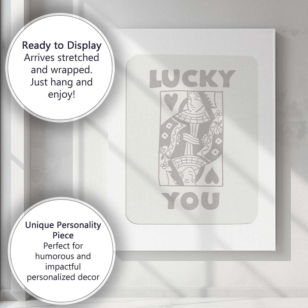 Minimalist Neutral Lucky You Queen of Hearts Playing Card Typography Canvas Wall Art Print Decor Picture Ready to Hang