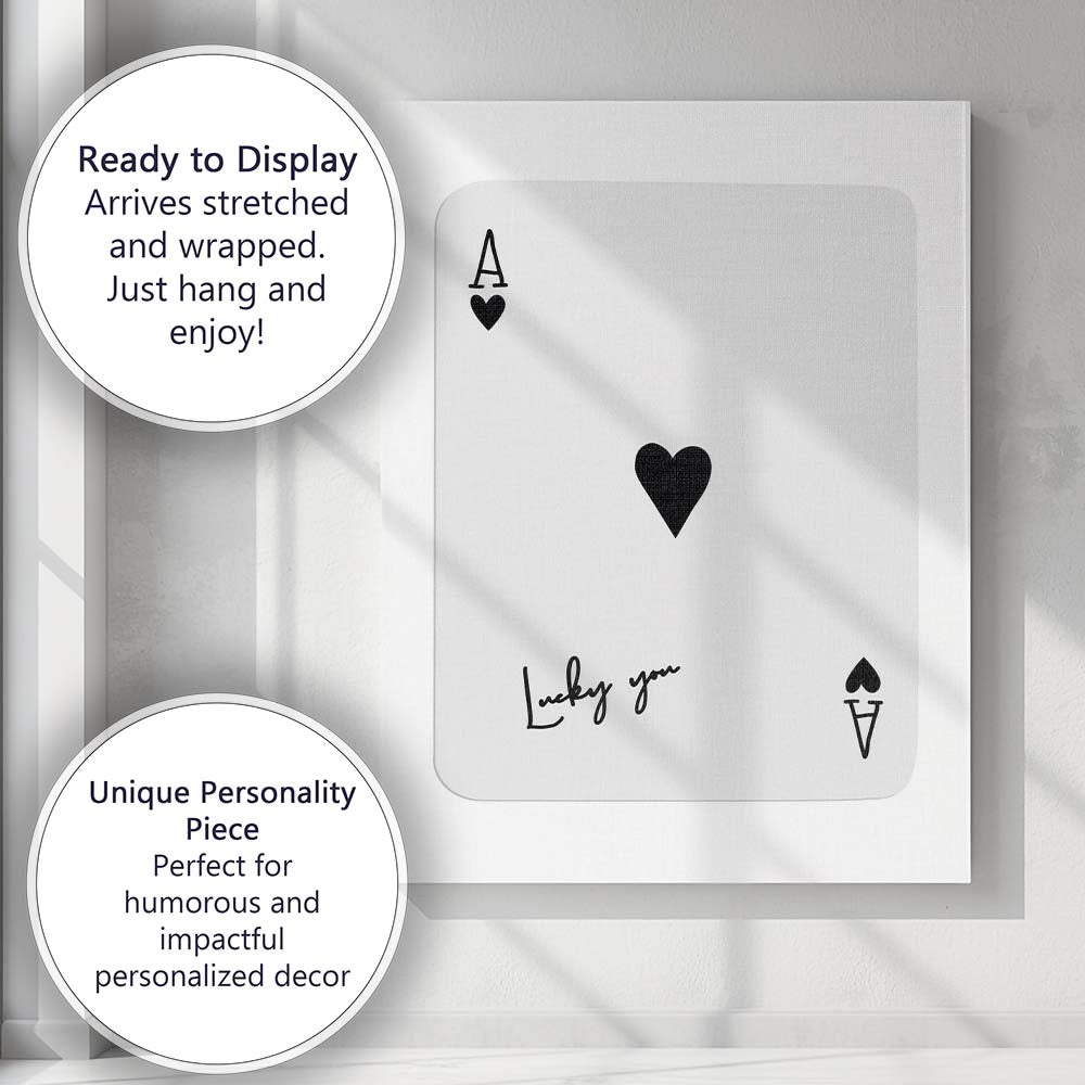 Minimalist Black Lucky You Ace of Hearts Playing Card Canvas Wall Art Print Decor Picture Ready to Hang