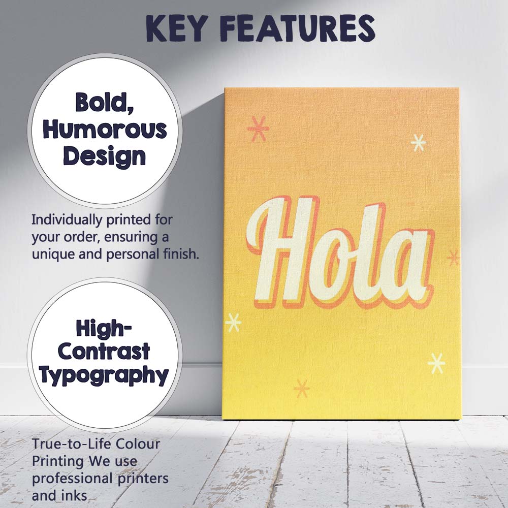 Bold Retro Hola Typography Warm Yellow Gradient Canvas Wall Art Print Decor Picture Ready to Hang