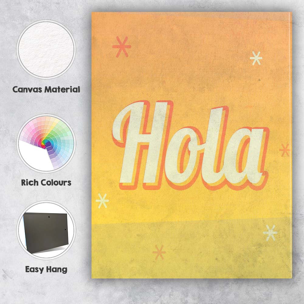 Bold Retro Hola Typography Warm Yellow Gradient Canvas Wall Art Print Decor Picture Ready to Hang