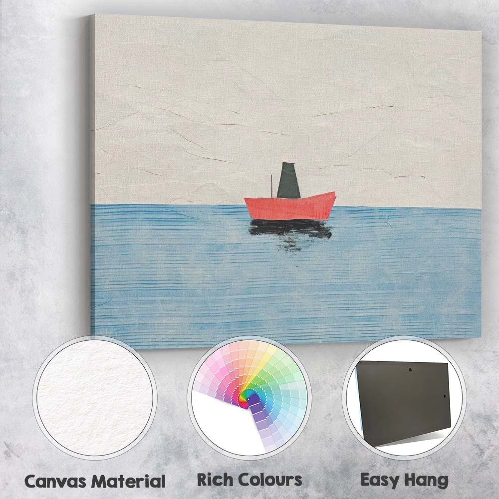 Minimalist Red Sailboat Calm Ocean Coastal Canvas Wall Art Print Decor Picture Ready to Hang