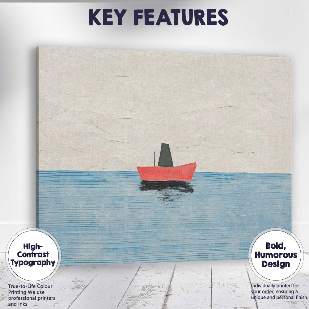 Minimalist Red Sailboat Calm Ocean Coastal Canvas Wall Art Print Decor Picture Ready to Hang