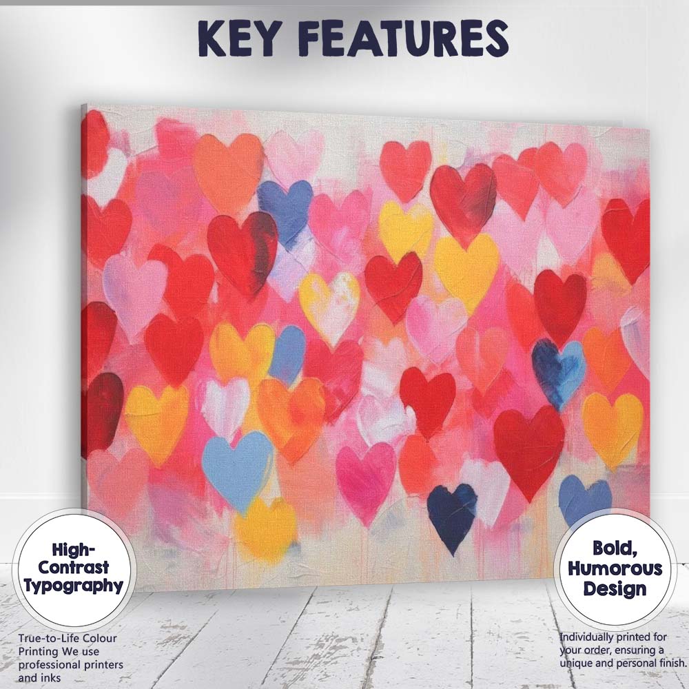 Colourful Watercolour Hearts Abstract Love Pattern Canvas Wall Art Print Decor Picture Ready to Hang