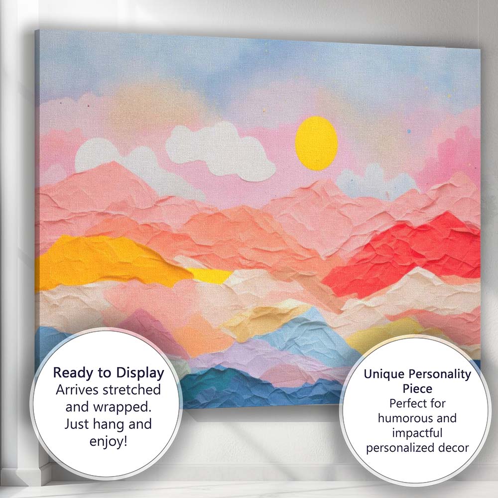 Pastel Pink Paper Collage Mountain Landscape Abstract Canvas Wall Art Print Decor Picture Ready to Hang