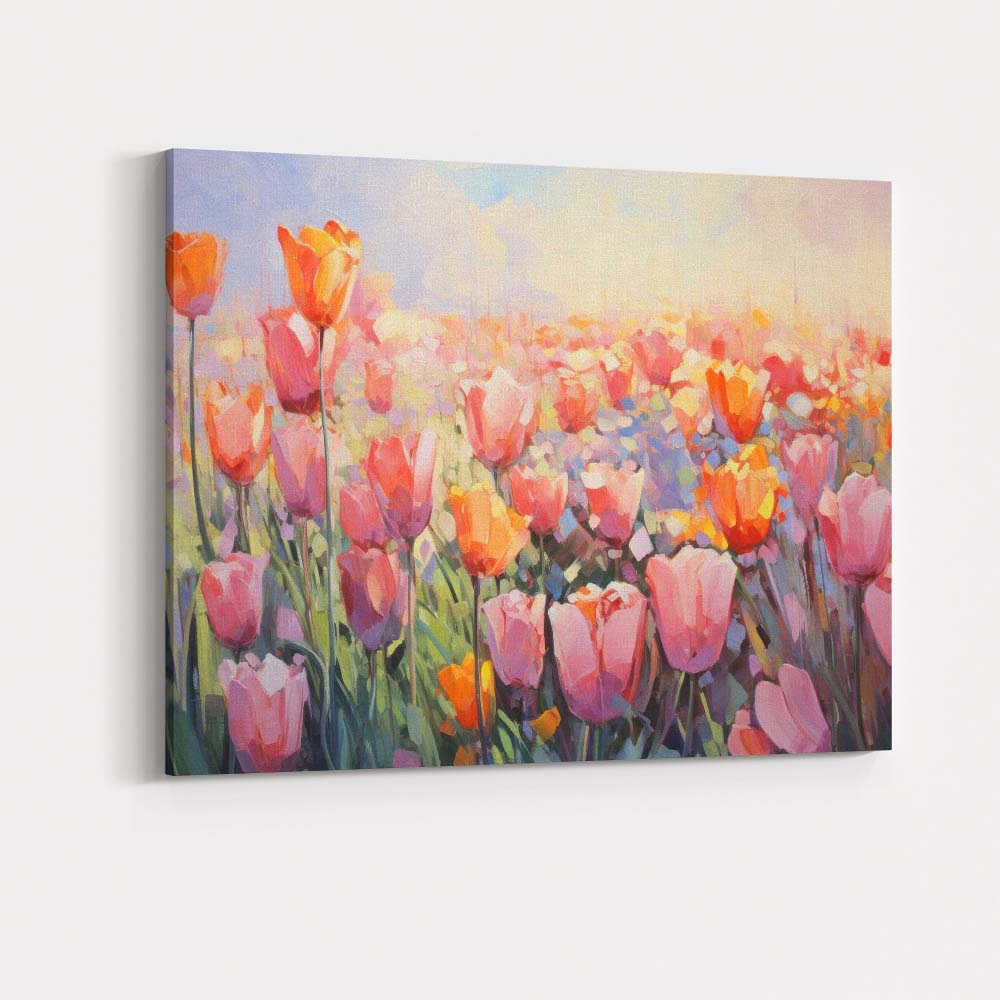 Soft Pink Tulip Meadow Impressionist Floral Landscape Canvas Wall Art Print Decor Picture Ready to Hang