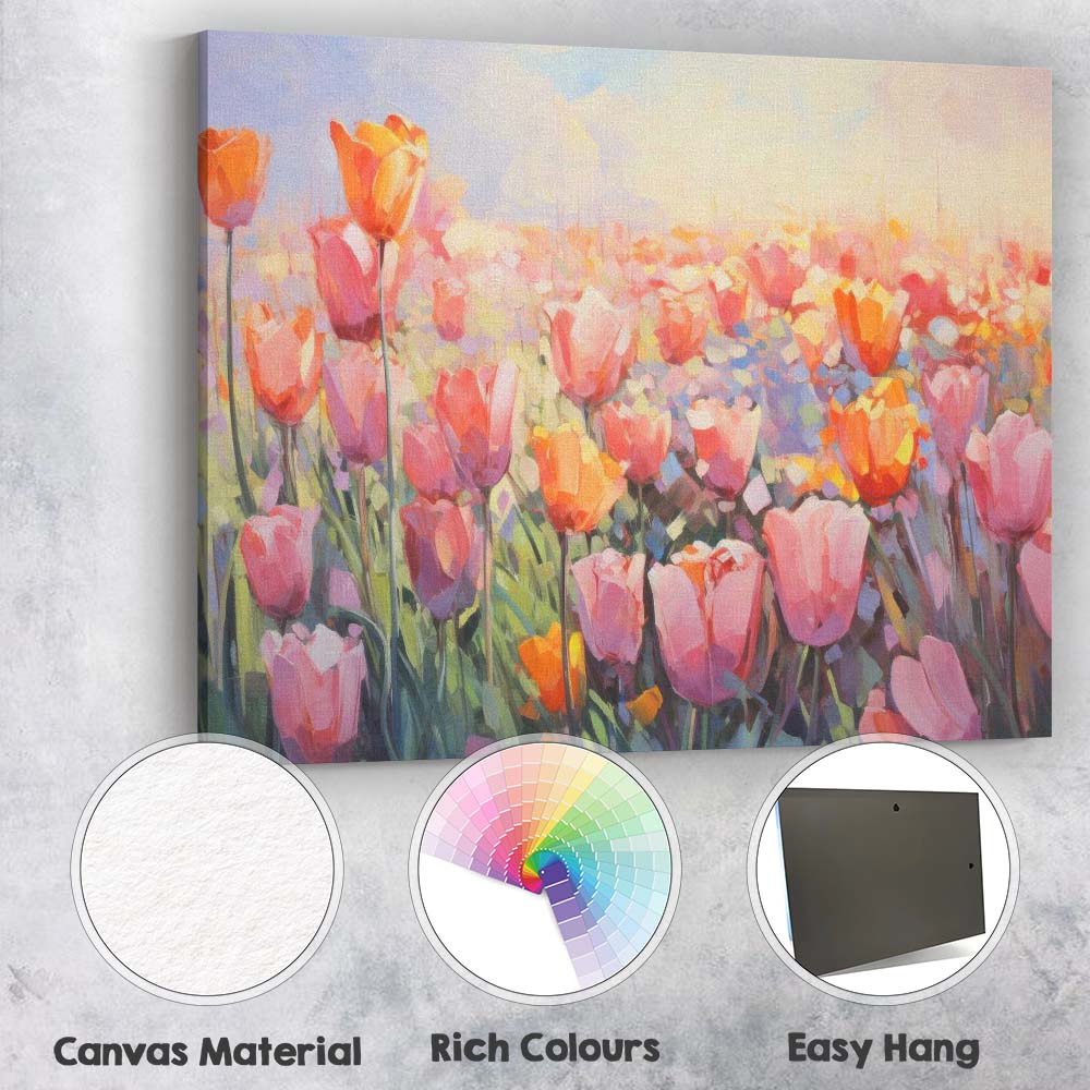 Soft Pink Tulip Meadow Impressionist Floral Landscape Canvas Wall Art Print Decor Picture Ready to Hang