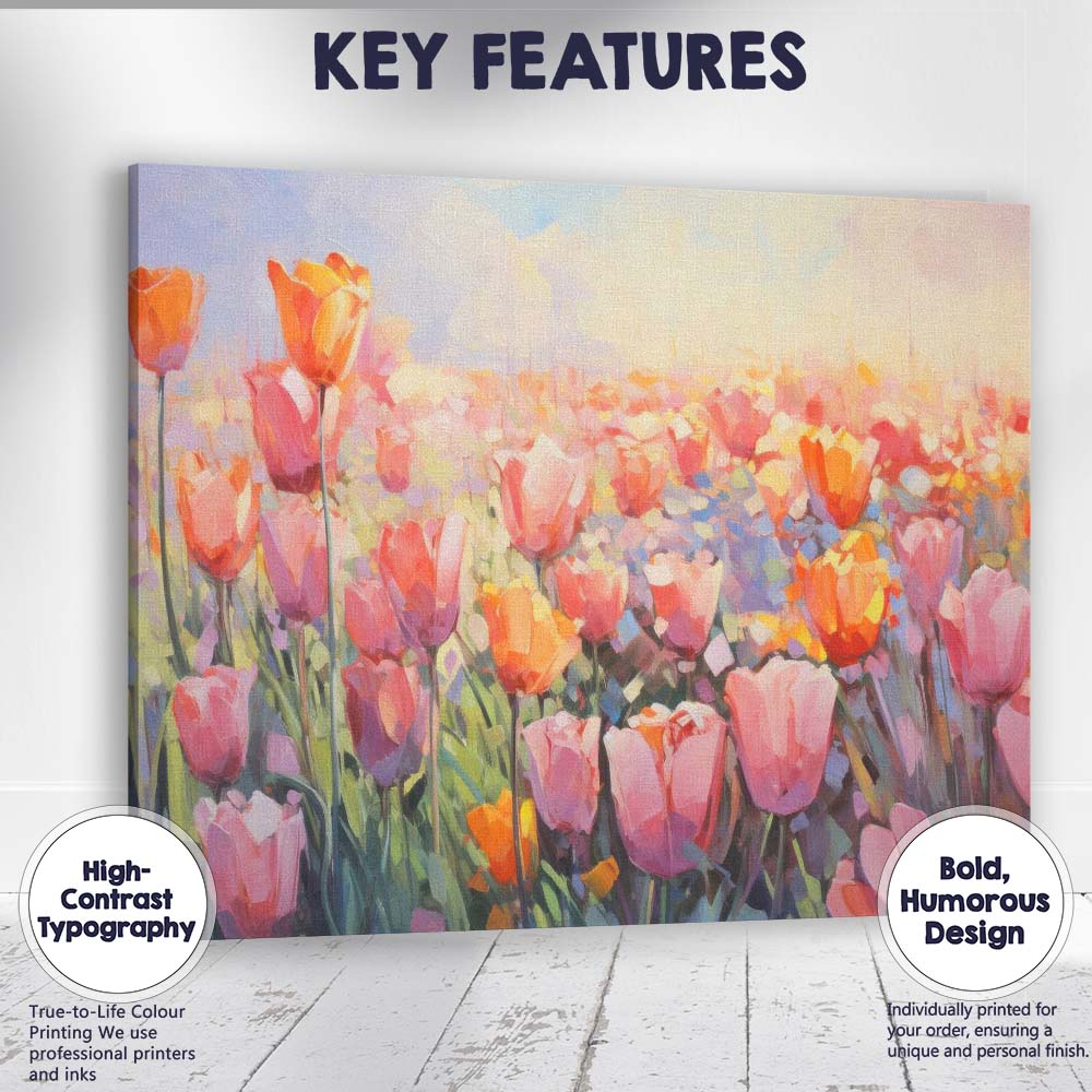 Soft Pink Tulip Meadow Impressionist Floral Landscape Canvas Wall Art Print Decor Picture Ready to Hang