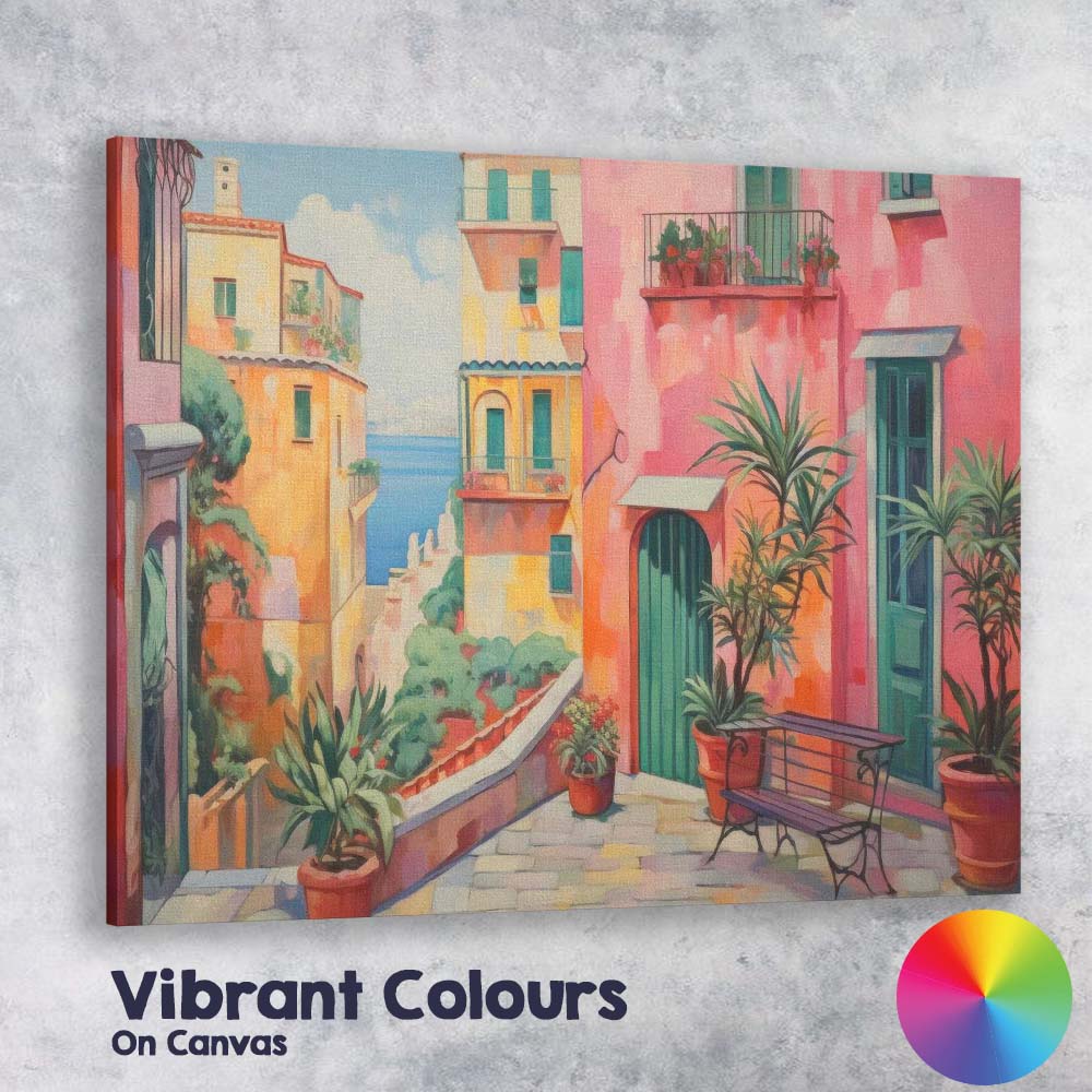 Pastel Mediterranean Coastal Village Street Scene Canvas Wall Art Print Decor Picture Ready to Hang