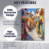 Colourful Mediterranean Village Flower Filled Cobbled Street Canvas Wall Art Print Decor Picture Ready to Hang