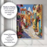 Colourful Mediterranean Village Flower Filled Cobbled Street Canvas Wall Art Print Decor Picture Ready to Hang