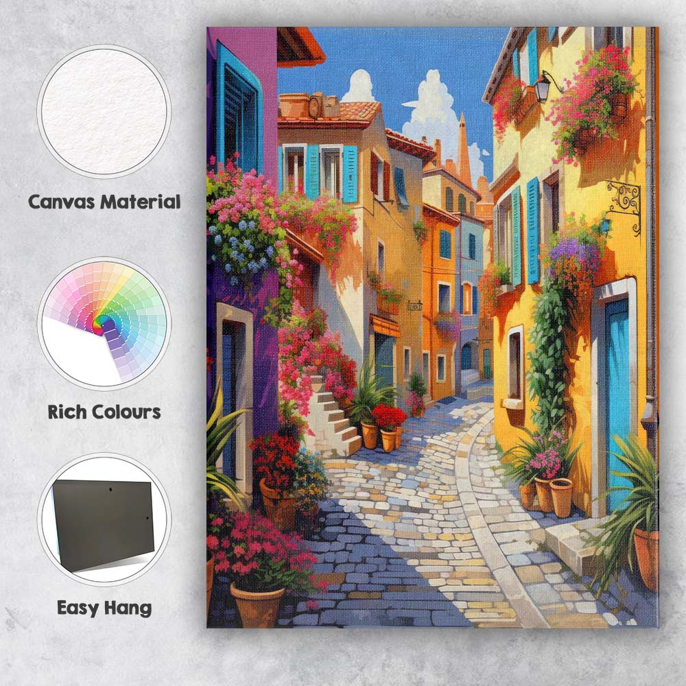 Colourful Mediterranean Village Flower Filled Cobbled Street Canvas Wall Art Print Decor Picture Ready to Hang
