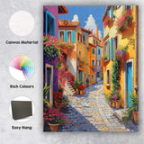 Colourful Mediterranean Village Flower Filled Cobbled Street Canvas Wall Art Print Decor Picture Ready to Hang