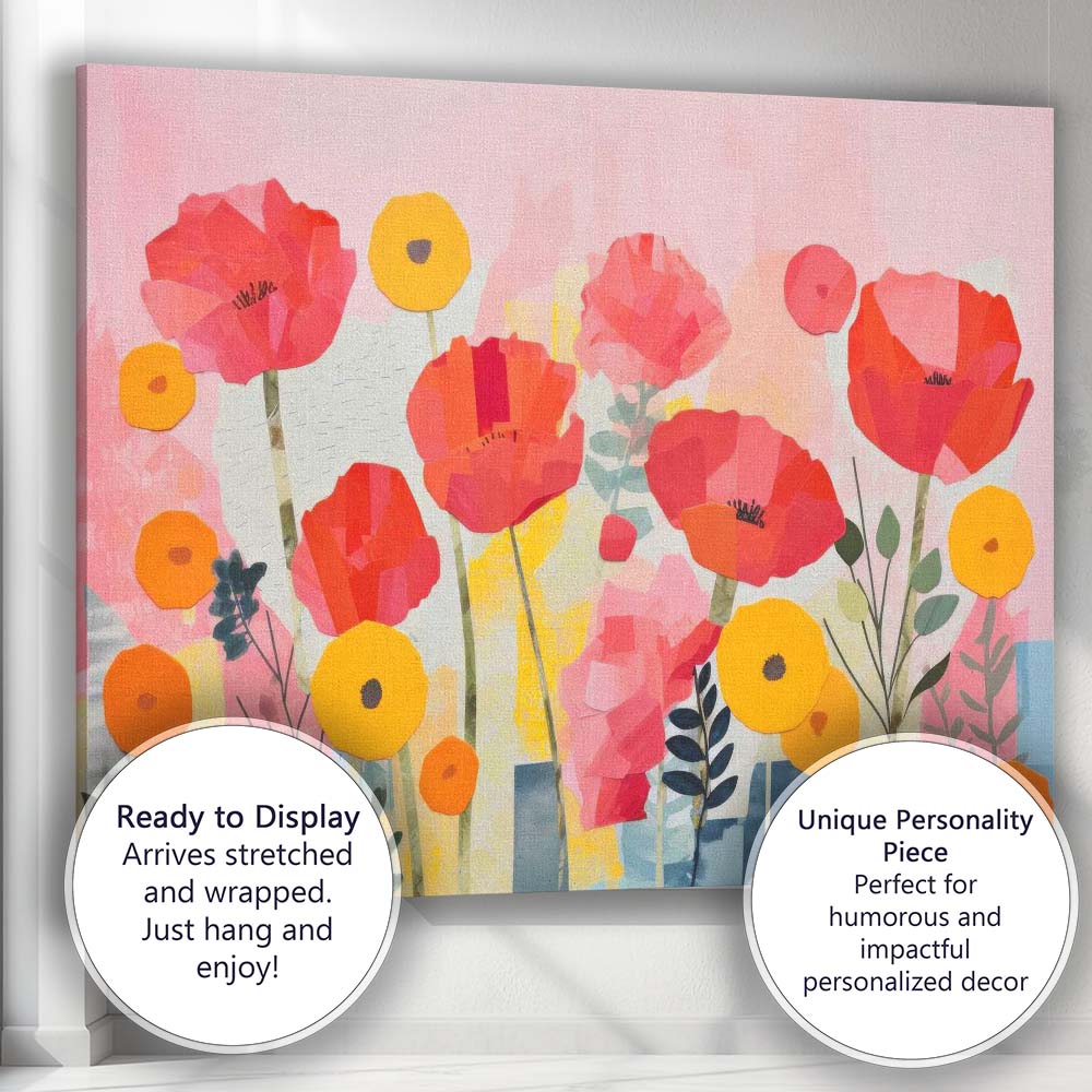 Pink Red Poppy Garden Contemporary Botanical Collage Canvas Wall Art Print Decor Picture Ready to Hang
