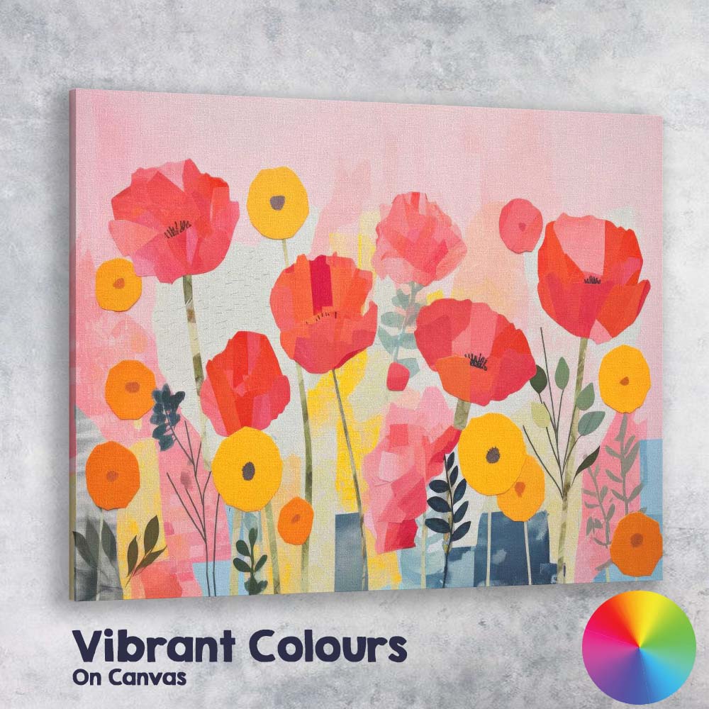 Pink Red Poppy Garden Contemporary Botanical Collage Canvas Wall Art Print Decor Picture Ready to Hang
