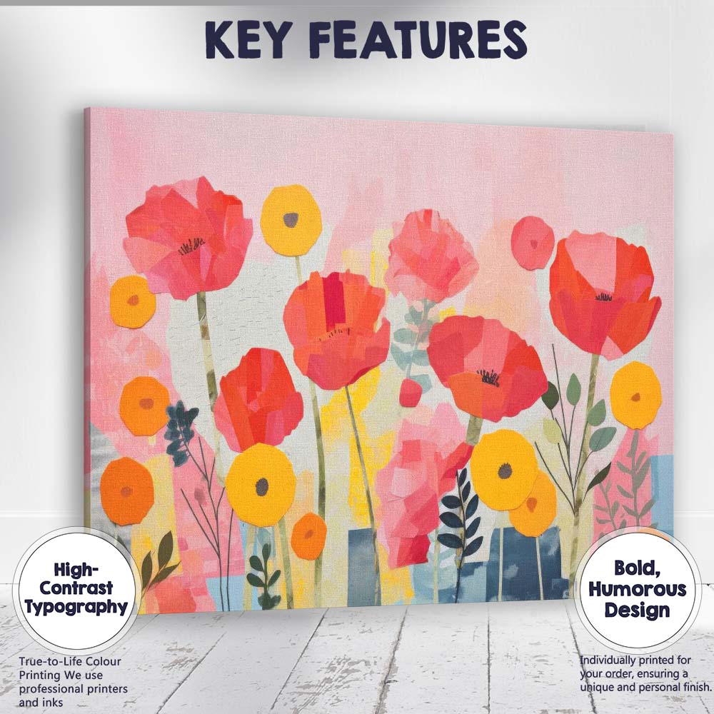 Pink Red Poppy Garden Contemporary Botanical Collage Canvas Wall Art Print Decor Picture Ready to Hang