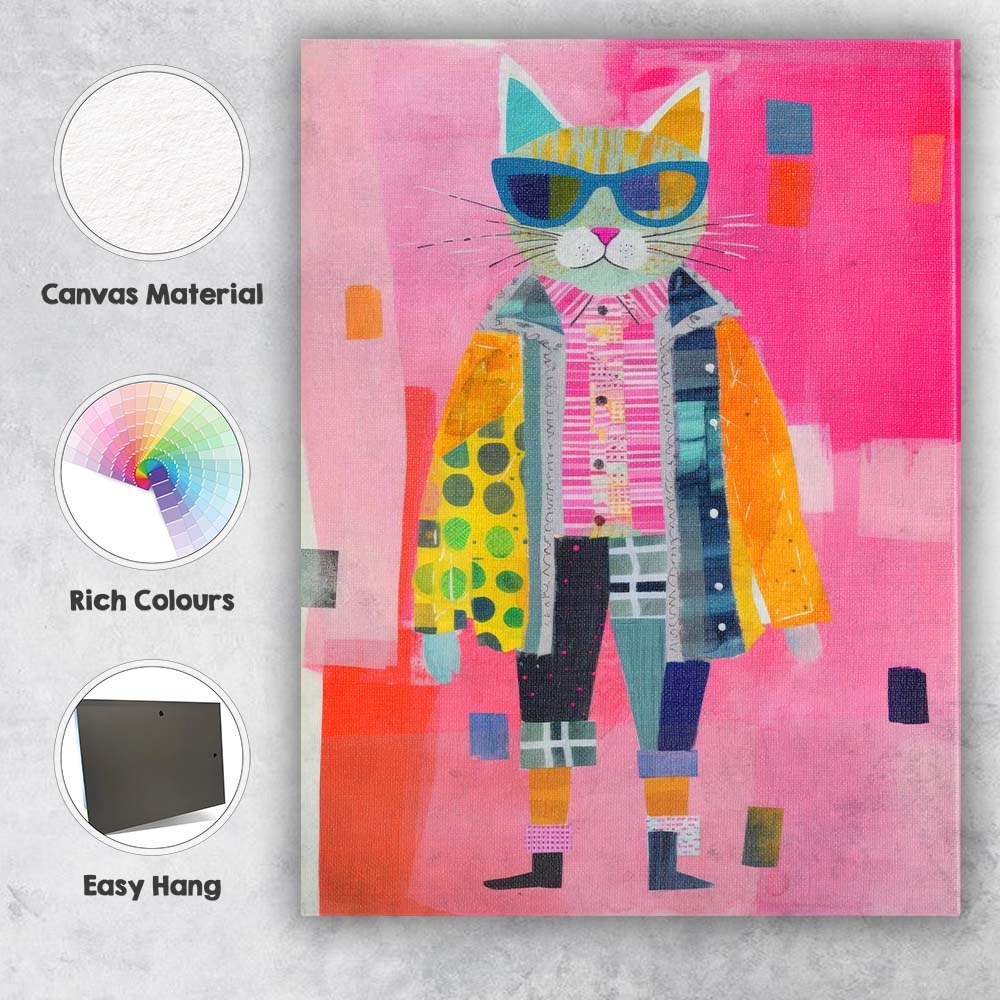 Stylish Fashion Cat Wearing Sunglasses Contemporary Collage Canvas Wall Art Print Decor Picture Ready to Hang
