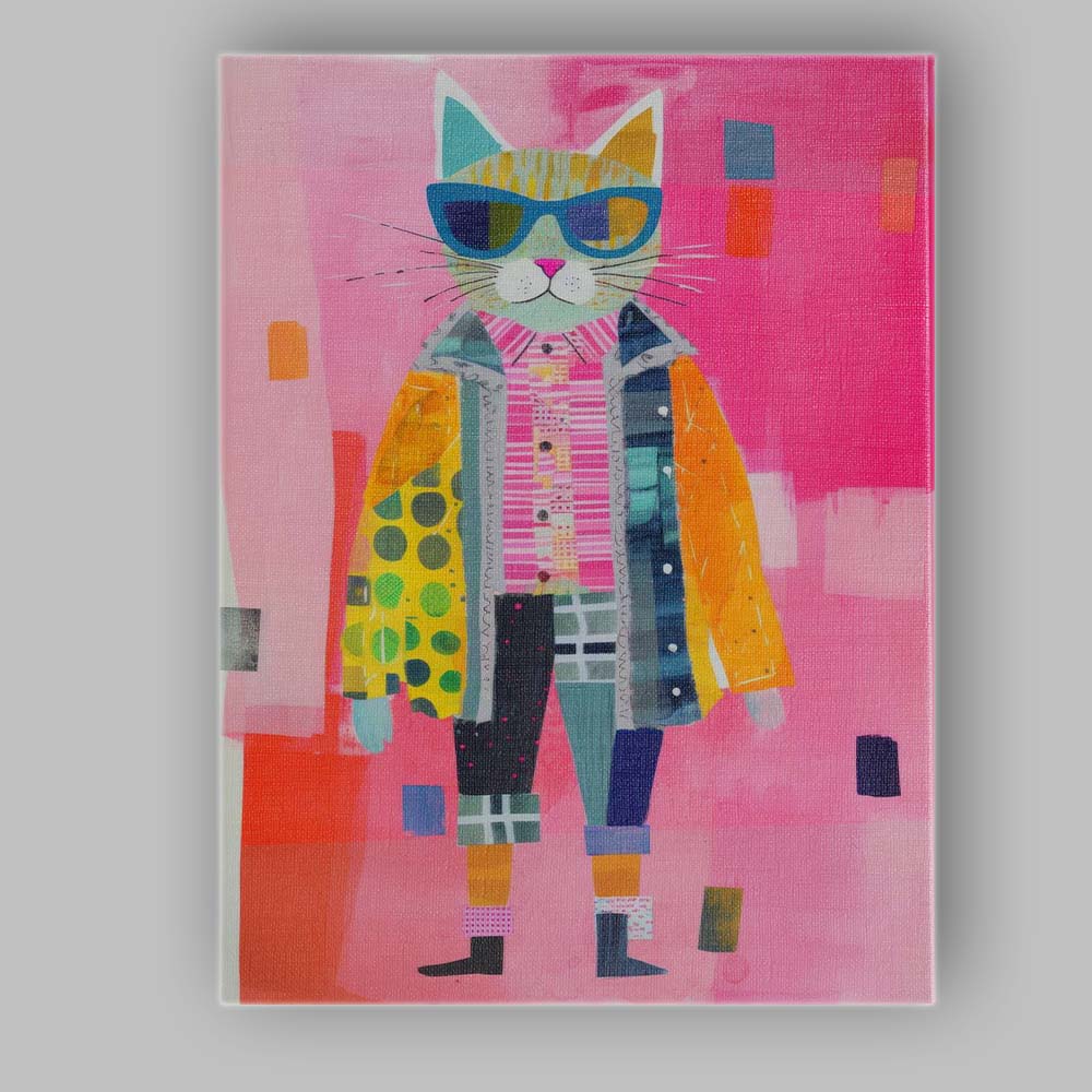 Stylish Fashion Cat Wearing Sunglasses Contemporary Collage Canvas Wall Art Print Decor Picture Ready to Hang
