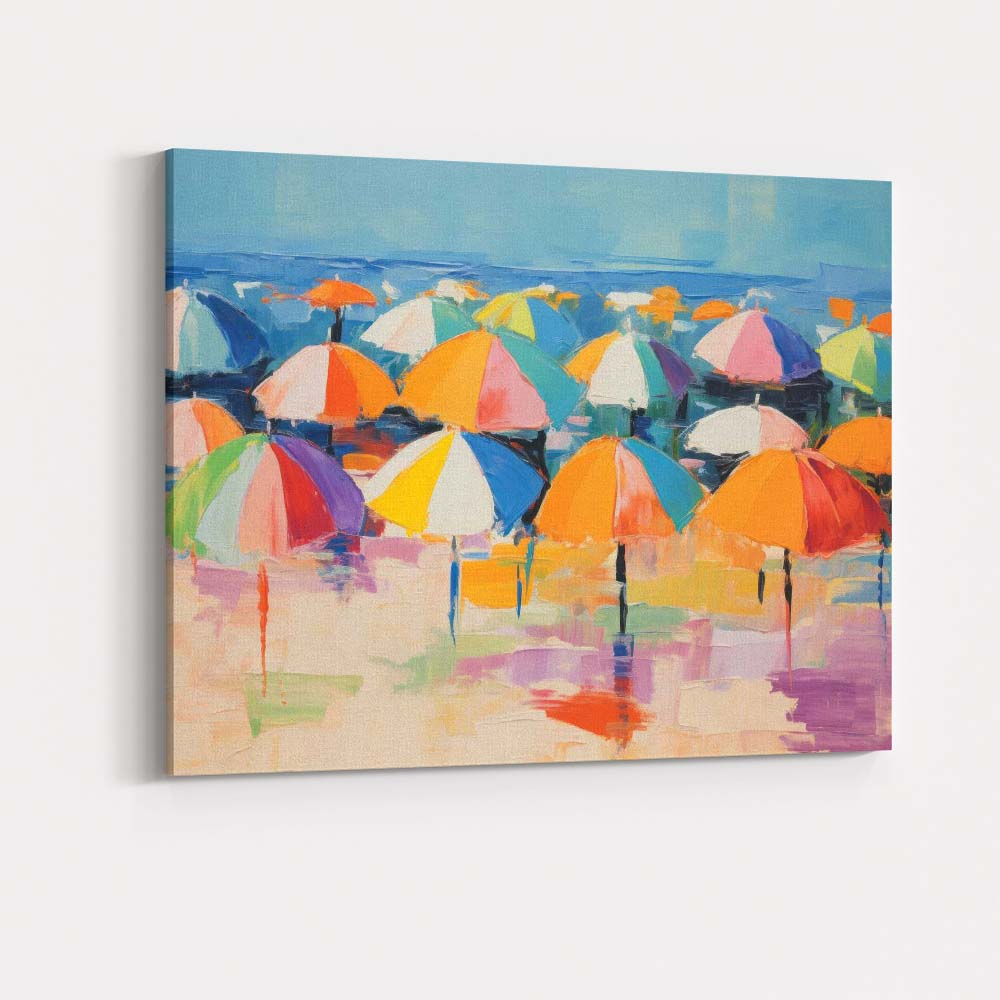 Colourful Beach Umbrella Seascape Impressionist Summer Coastal Canvas Wall Art Print Decor Picture Ready to Hang