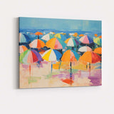Colourful Beach Umbrella Seascape Impressionist Summer Coastal Canvas Wall Art Print Decor Picture Ready to Hang
