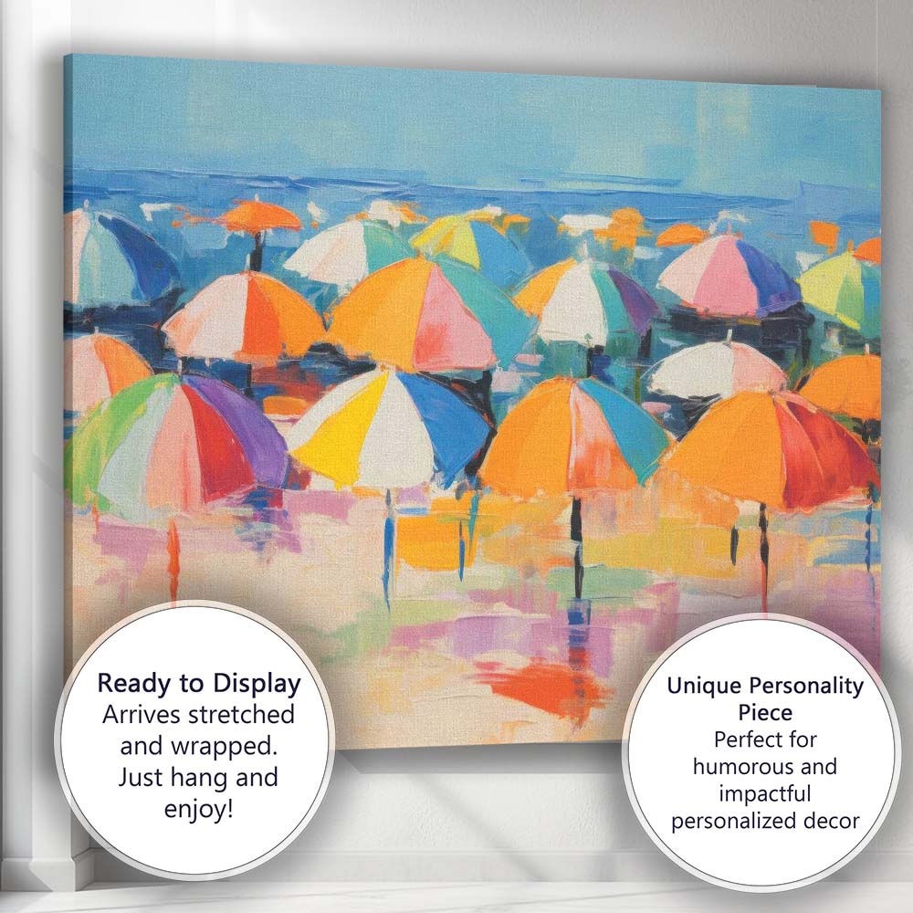 Colourful Beach Umbrella Seascape Impressionist Summer Coastal Canvas Wall Art Print Decor Picture Ready to Hang