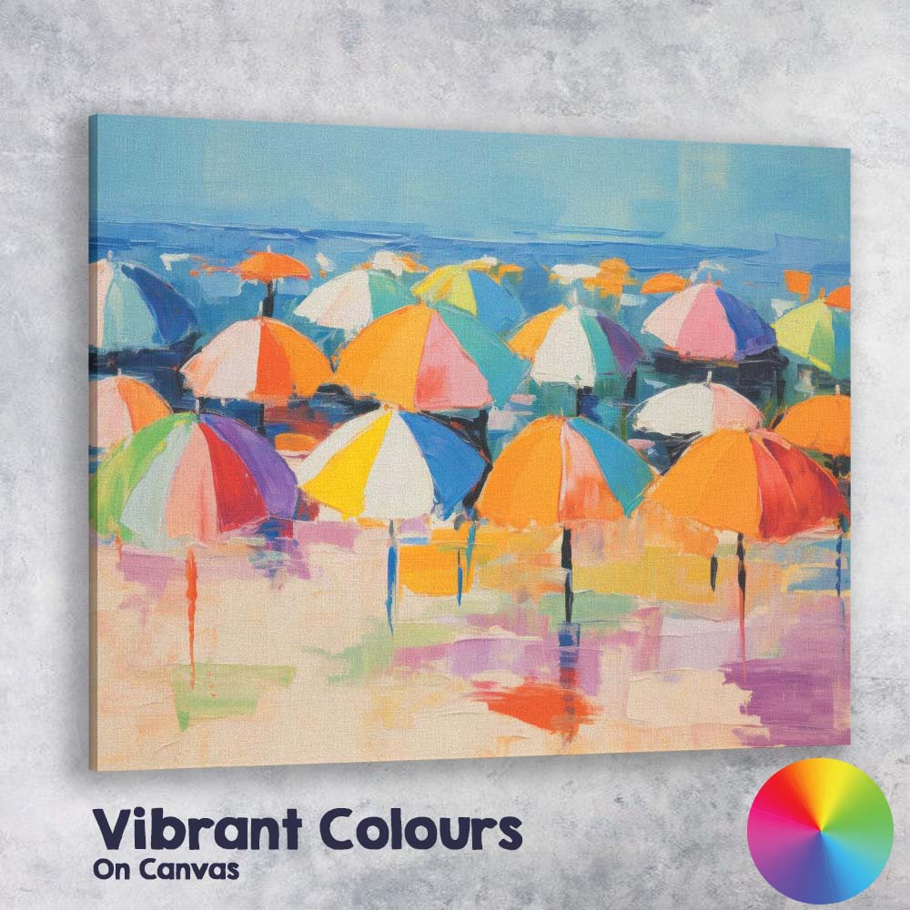 Colourful Beach Umbrella Seascape Impressionist Summer Coastal Canvas Wall Art Print Decor Picture Ready to Hang