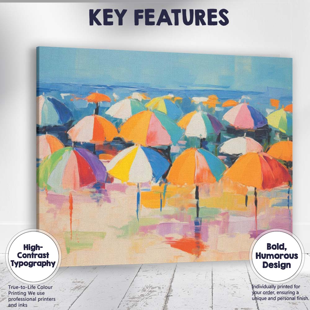 Colourful Beach Umbrella Seascape Impressionist Summer Coastal Canvas Wall Art Print Decor Picture Ready to Hang