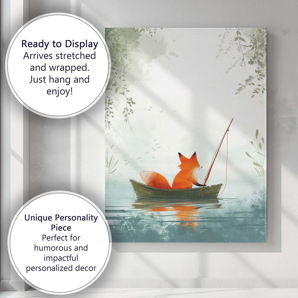 Peaceful Fox Fishing On Tranquil Lake Whimsical Woodland Canvas Wall Art Print Decor Picture Ready to Hang