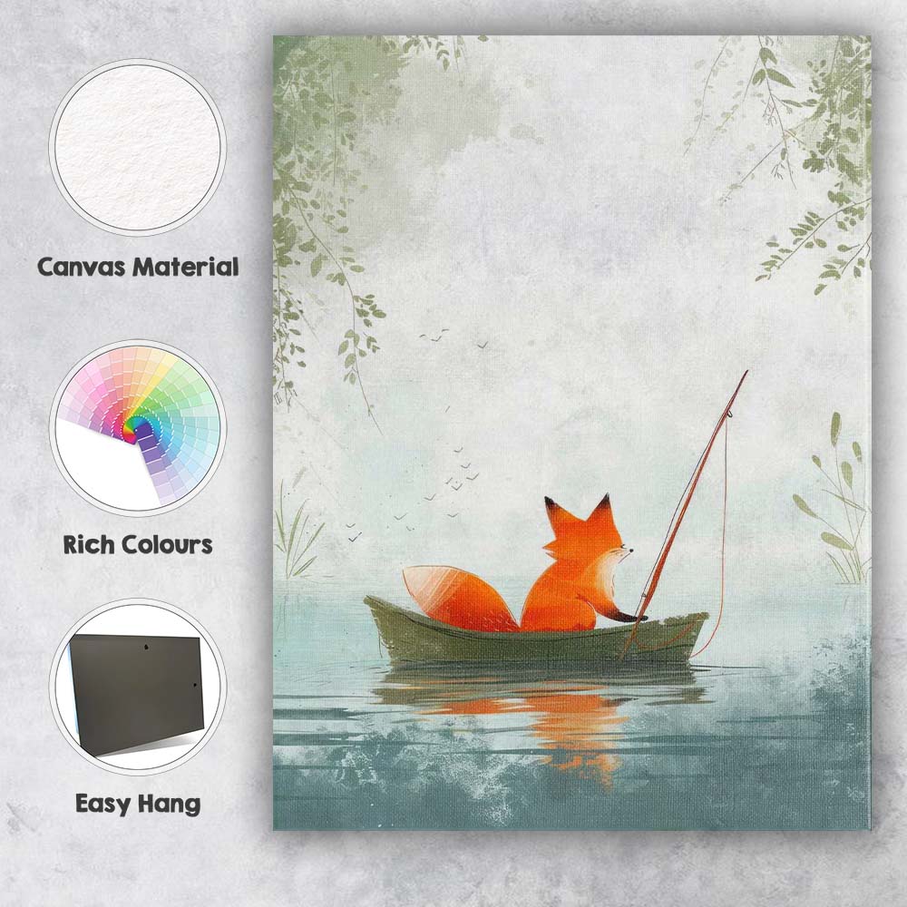 Peaceful Fox Fishing On Tranquil Lake Whimsical Woodland Canvas Wall Art Print Decor Picture Ready to Hang