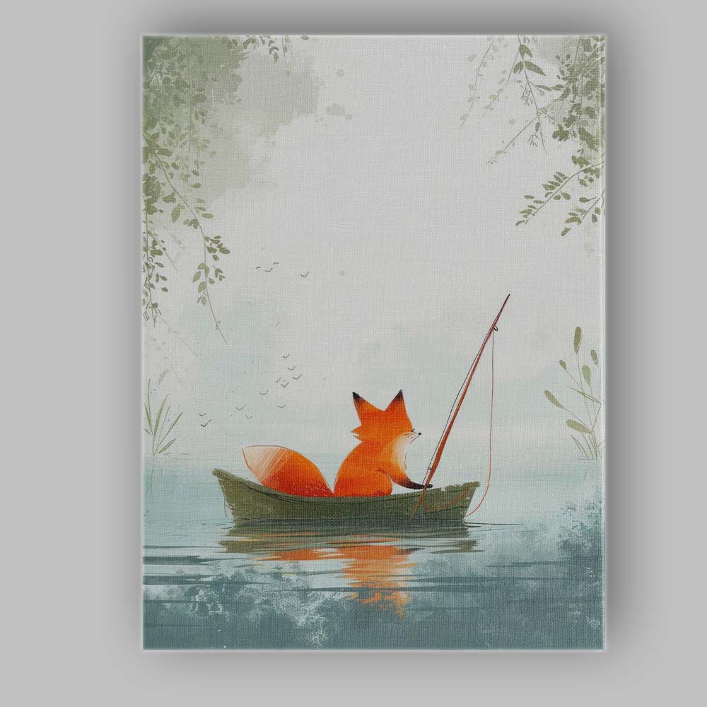 Peaceful Fox Fishing On Tranquil Lake Whimsical Woodland Canvas Wall Art Print Decor Picture Ready to Hang