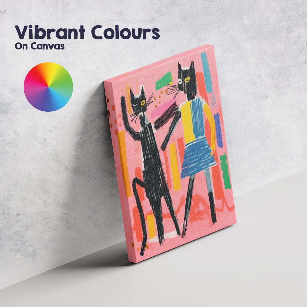 Playful Black Cats Dancing Colourful Abstract Canvas Wall Art Print Decor Picture Ready to Hang
