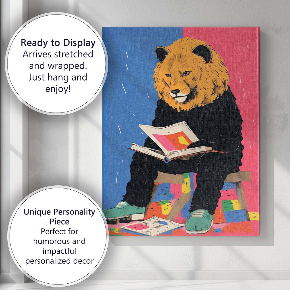 Modern Pop Art Lion Reading Book Whimsical Animal Illustration Canvas Wall Art Print Decor Picture Ready to Hang