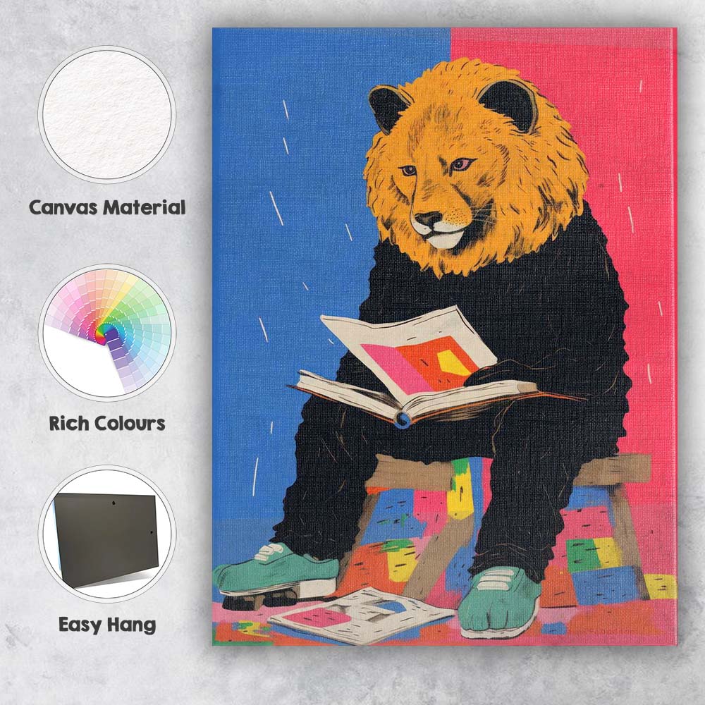 Modern Pop Art Lion Reading Book Whimsical Animal Illustration Canvas Wall Art Print Decor Picture Ready to Hang