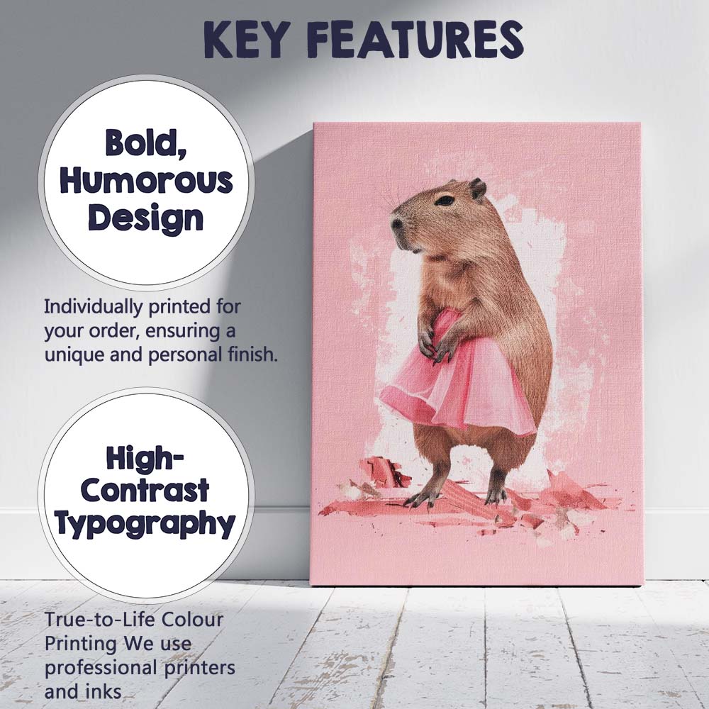 Cute Capybara Wearing Pink Ballet Tutu Whimsical Animal Portrait Canvas Wall Art Print Decor Picture Ready to Hang