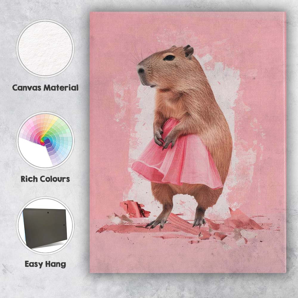 Cute Capybara Wearing Pink Ballet Tutu Whimsical Animal Portrait Canvas Wall Art Print Decor Picture Ready to Hang