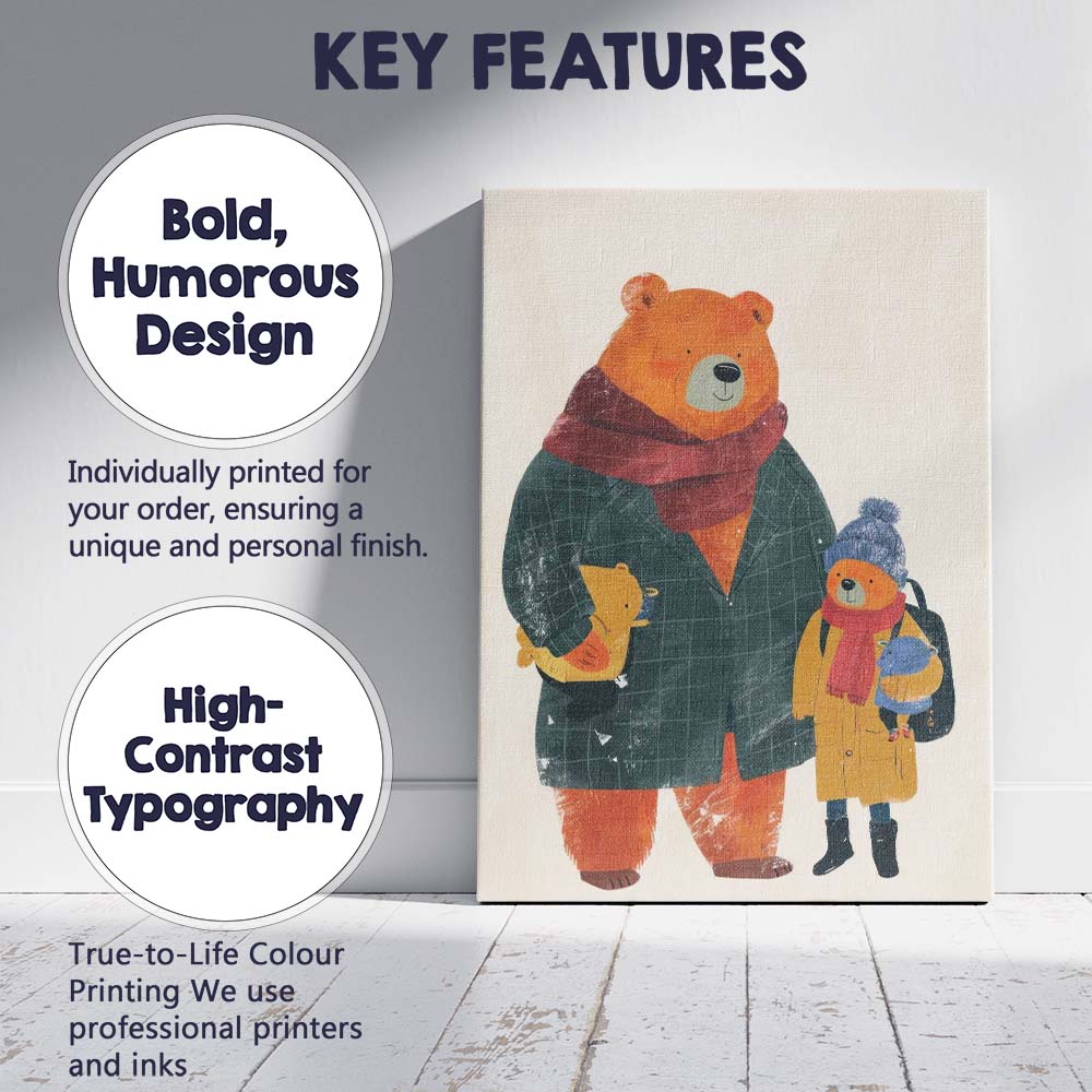 Cosy Bear Parent And Child Winter Family Illustration Canvas Wall Art Print Decor Picture Ready to Hang