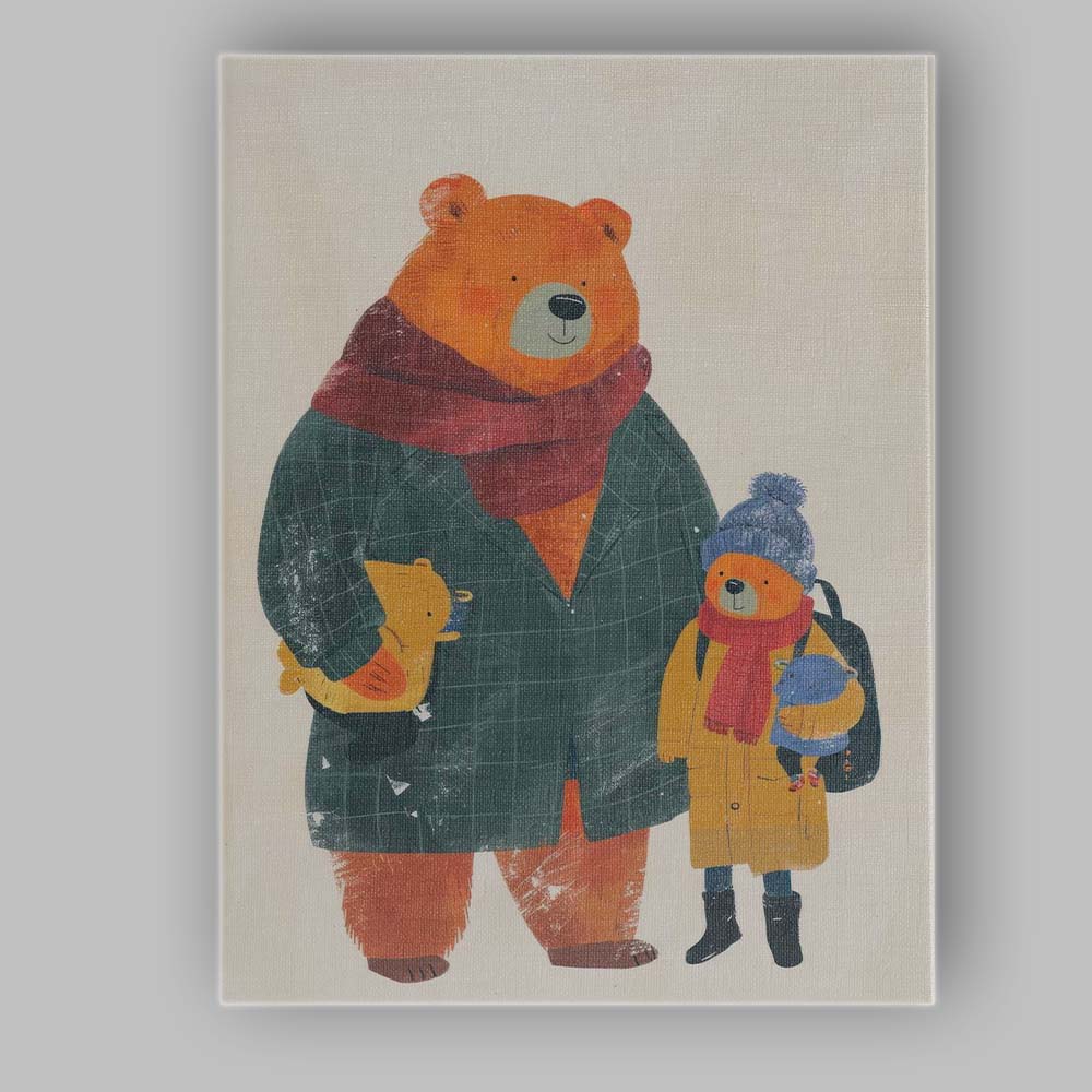 Cosy Bear Parent And Child Winter Family Illustration Canvas Wall Art Print Decor Picture Ready to Hang