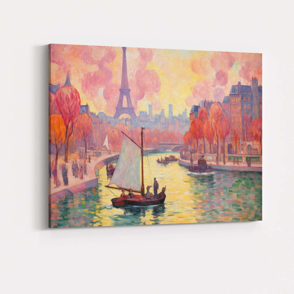 Abstract Autumn Paris Riverside Sailboat Eiffel Tower Impressionist Cityscape Canvas Wall Art Print Decor Picture Ready to Hang