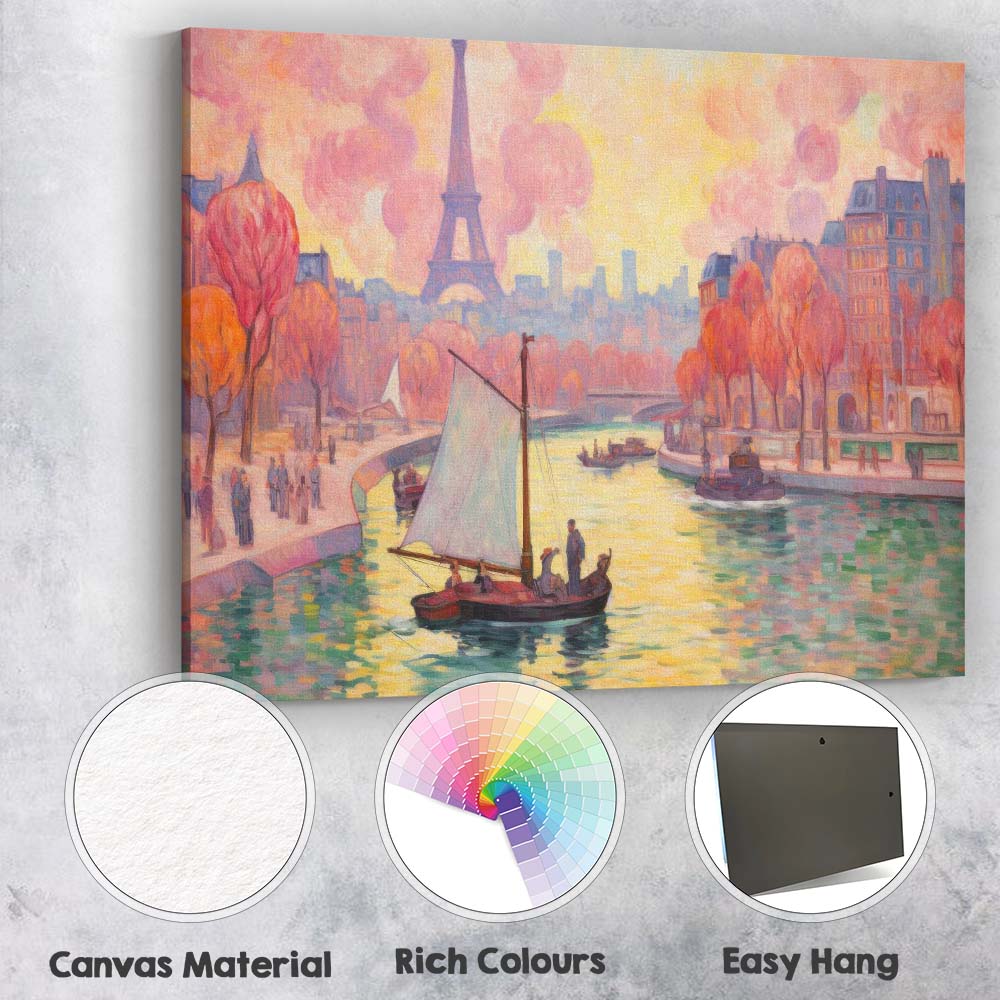 Abstract Autumn Paris Riverside Sailboat Eiffel Tower Impressionist Cityscape Canvas Wall Art Print Decor Picture Ready to Hang
