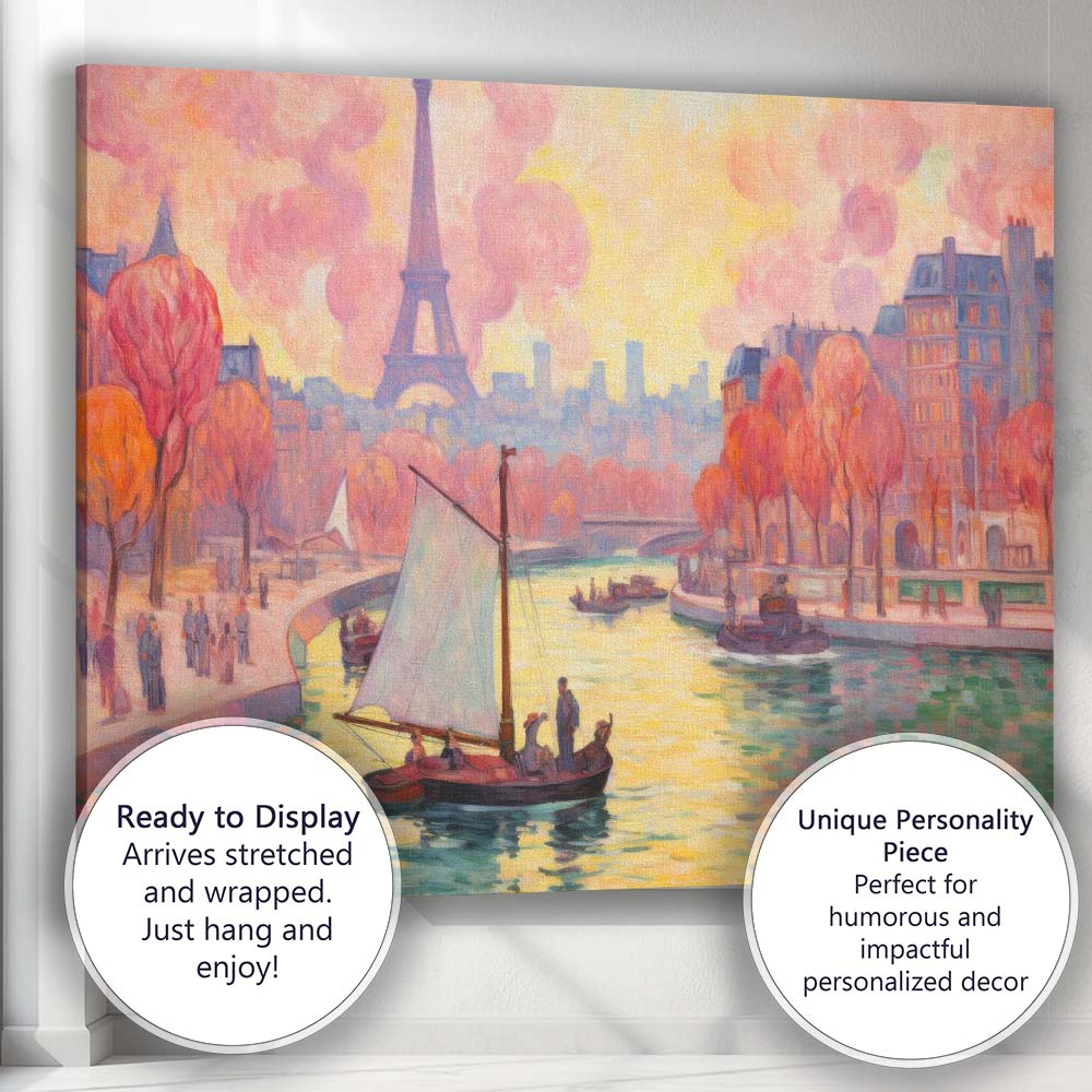 Abstract Autumn Paris Riverside Sailboat Eiffel Tower Impressionist Cityscape Canvas Wall Art Print Decor Picture Ready to Hang