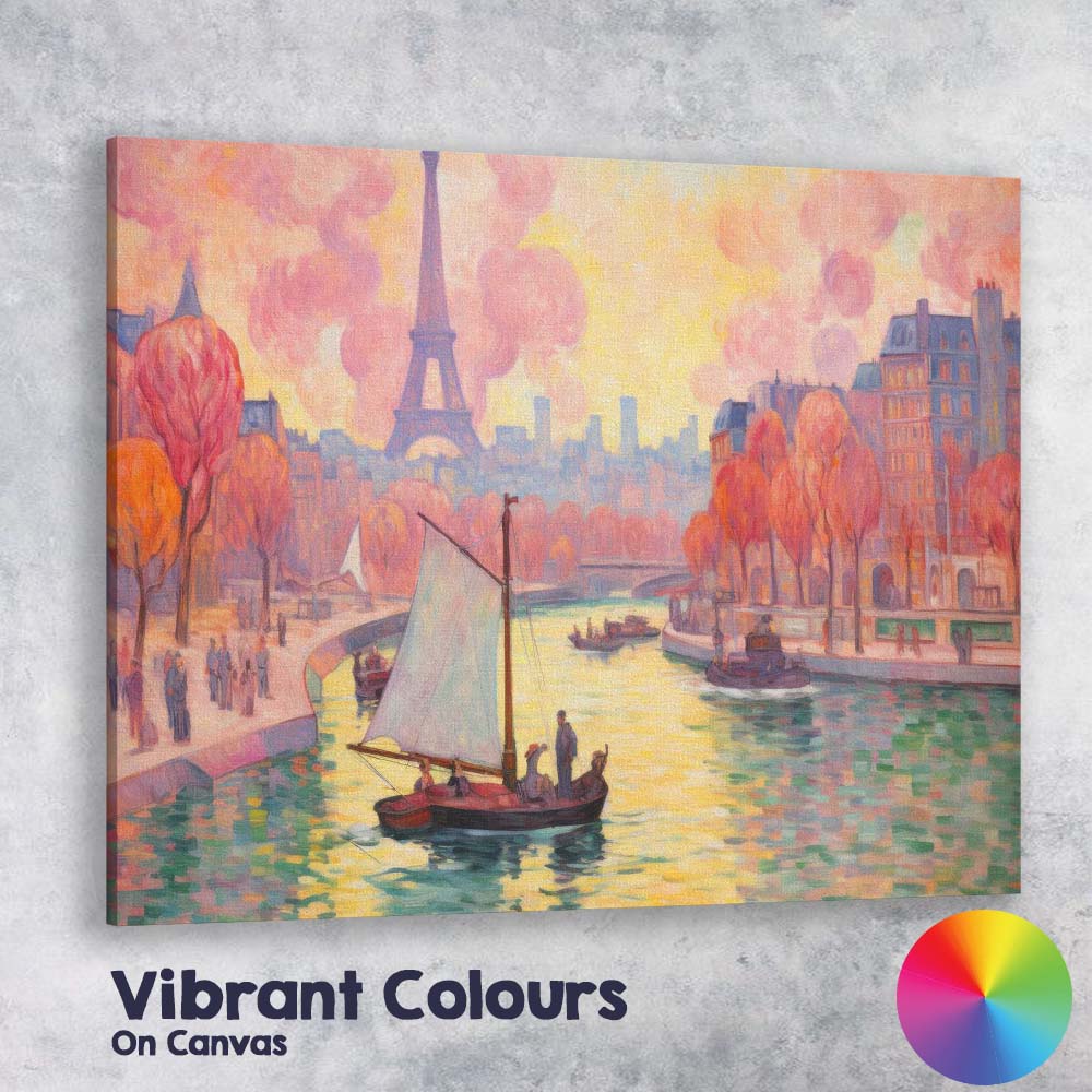 Abstract Autumn Paris Riverside Sailboat Eiffel Tower Impressionist Cityscape Canvas Wall Art Print Decor Picture Ready to Hang