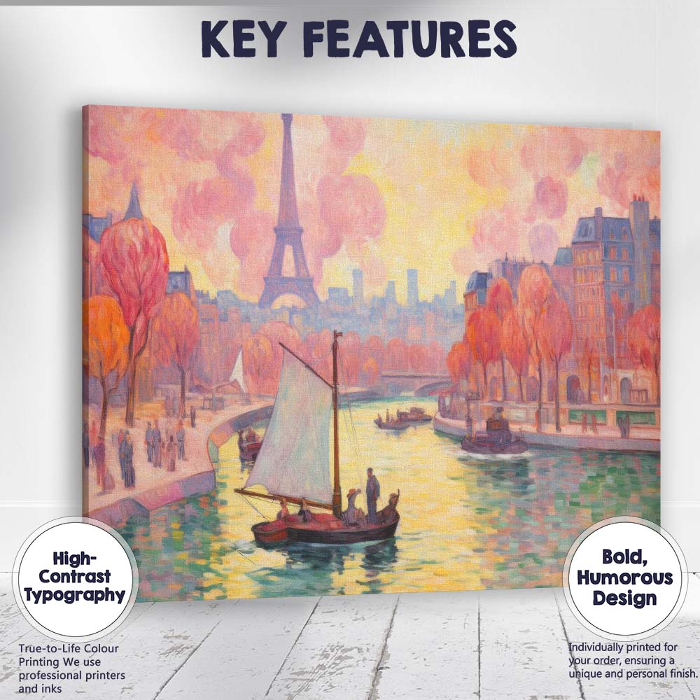 Abstract Autumn Paris Riverside Sailboat Eiffel Tower Impressionist Cityscape Canvas Wall Art Print Decor Picture Ready to Hang